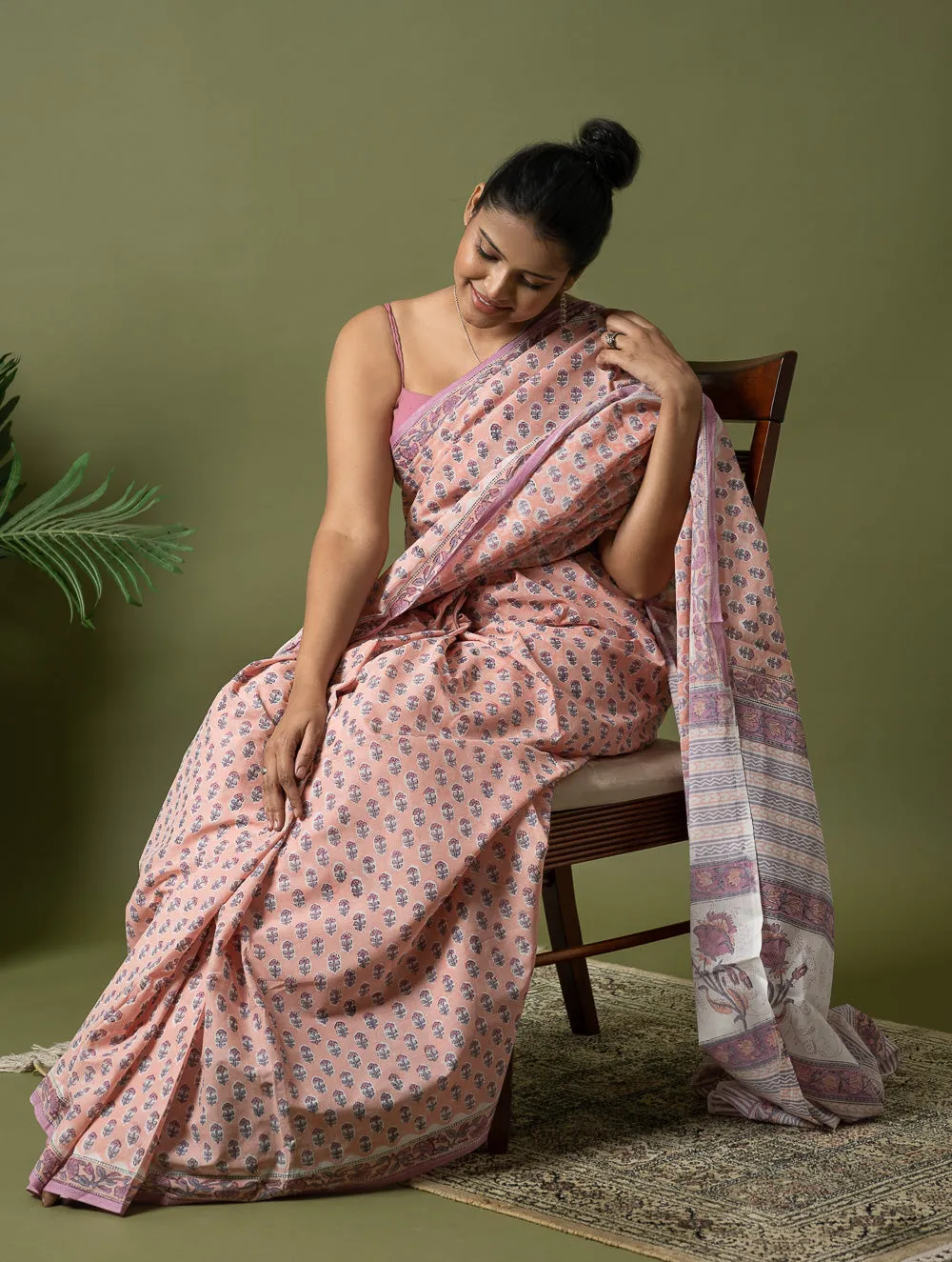 Sanganer Statements. Hand Block Printed Mul Cotton Saree - Peach Florets