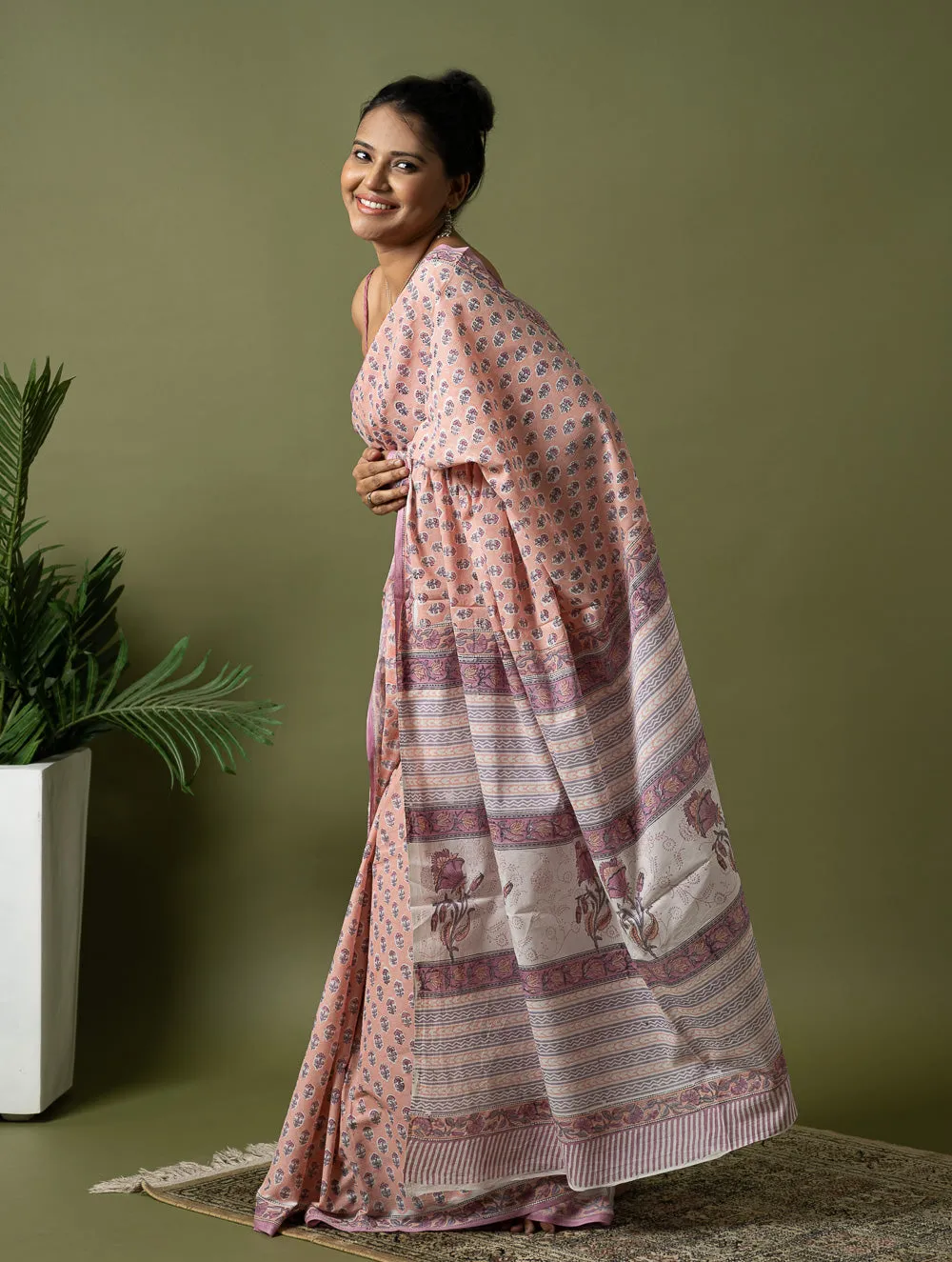 Sanganer Statements. Hand Block Printed Mul Cotton Saree - Peach Florets