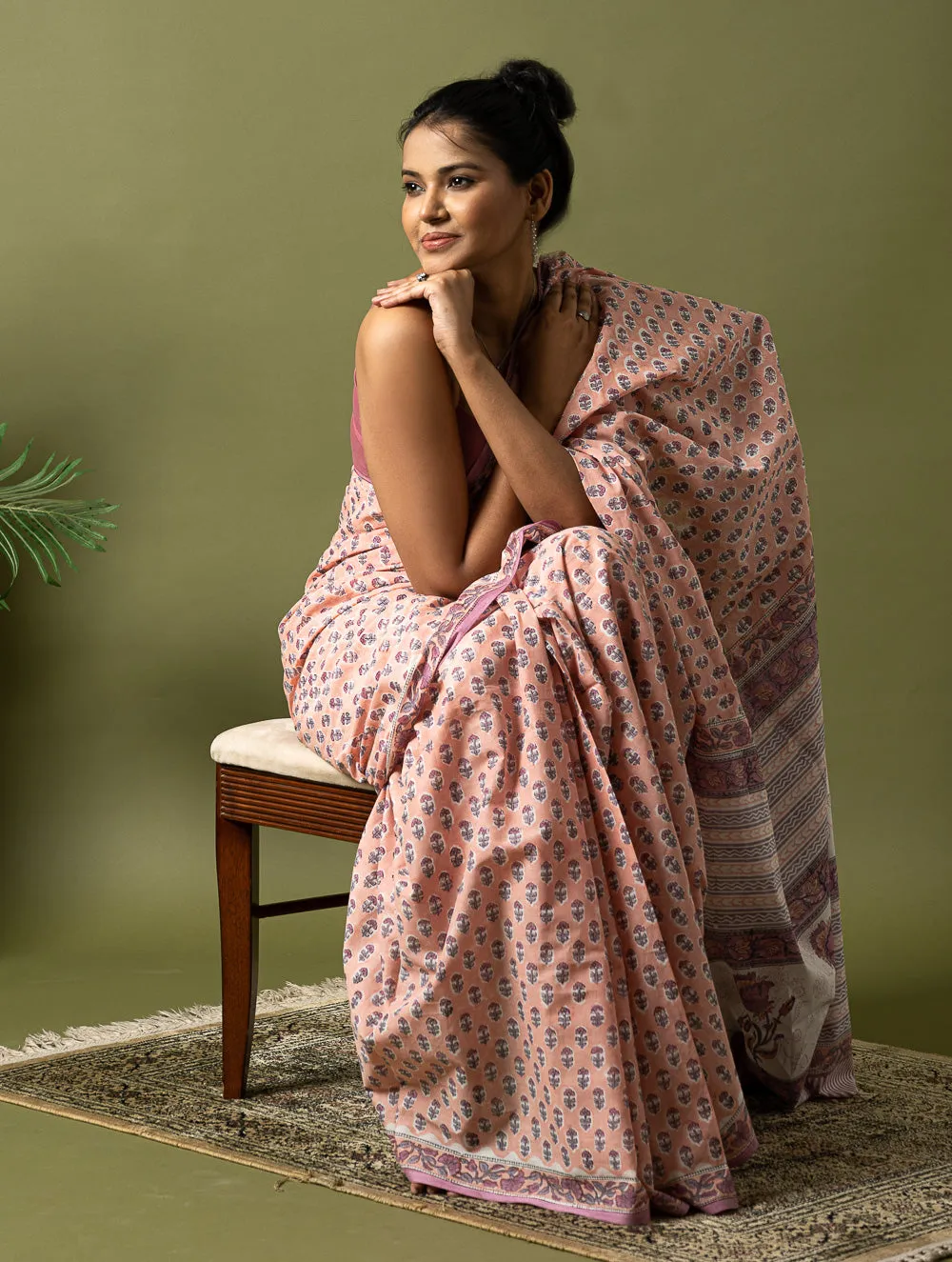 Sanganer Statements. Hand Block Printed Mul Cotton Saree - Peach Florets