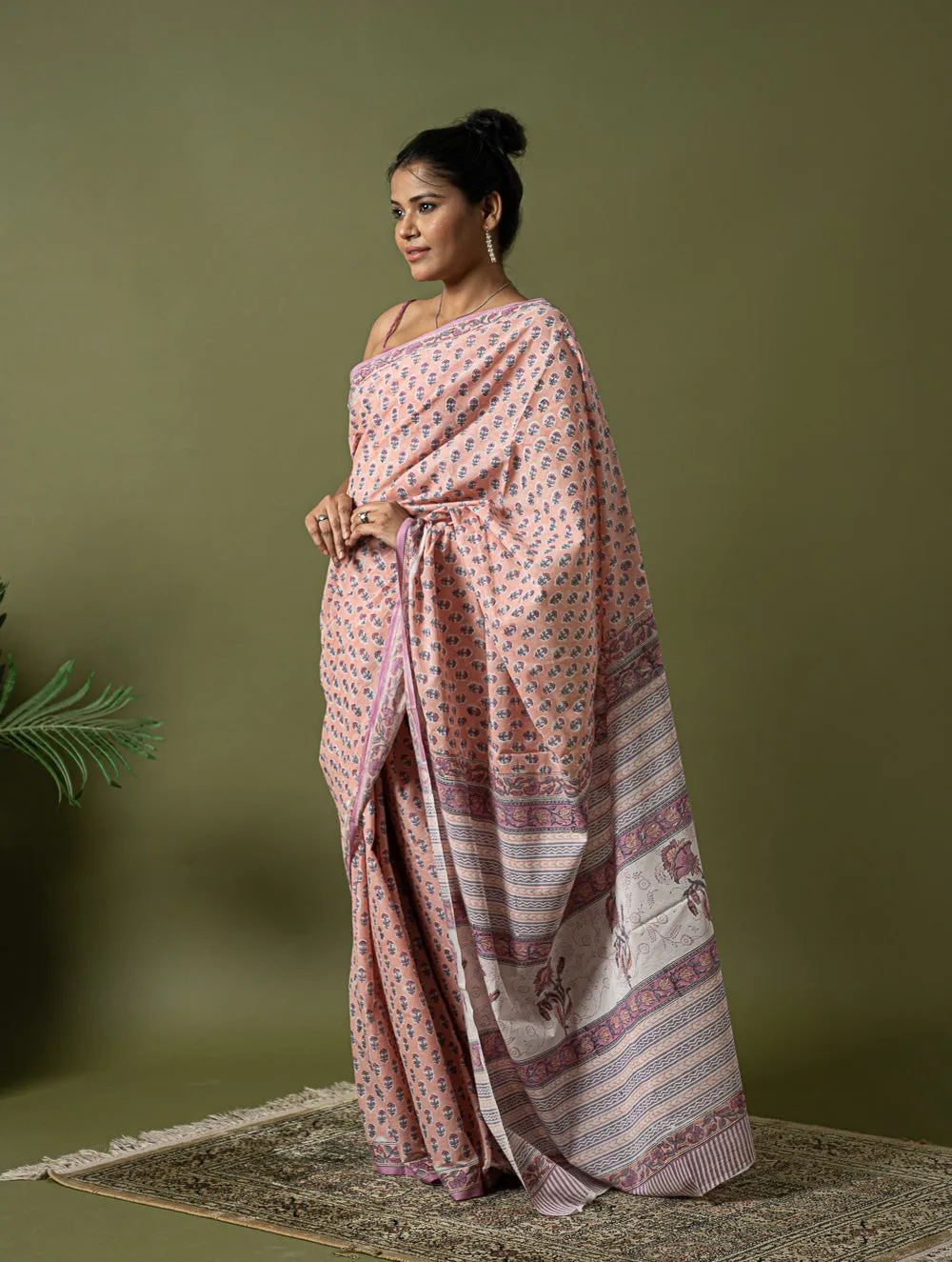 Sanganer Statements. Hand Block Printed Mul Cotton Saree - Peach Florets