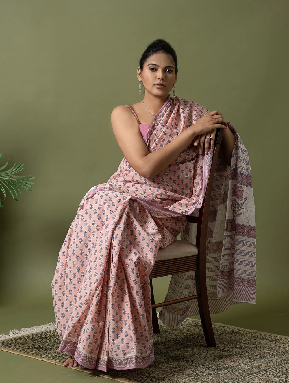 Sanganer Statements. Hand Block Printed Mul Cotton Saree - Peach Florets