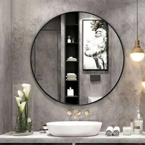 Star Iron Metal Decorative HD Clear Image Wall Mount Round Wall Mirror with Hook for Hanging On Wall for Bedroom, Home Decor, Wash Basin, Vanity, Makeup, Bathroom (24 Inches) (Black (24") Round)