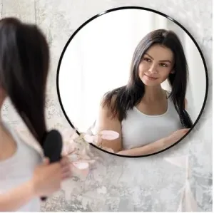 Star Iron Metal Decorative HD Clear Image Wall Mount Round Wall Mirror with Hook for Hanging On Wall for Bedroom, Home Decor, Wash Basin, Vanity, Makeup, Bathroom (24 Inches) (Black (24") Round)