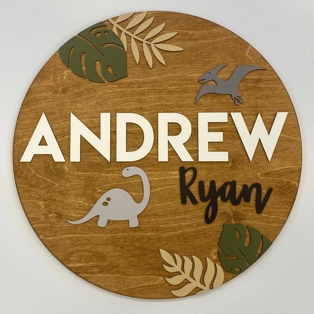 Sugar   Maple Personalized Round Wood Name Sign | Dinosaur