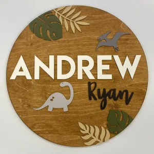 Sugar   Maple Personalized Round Wood Name Sign | Dinosaur