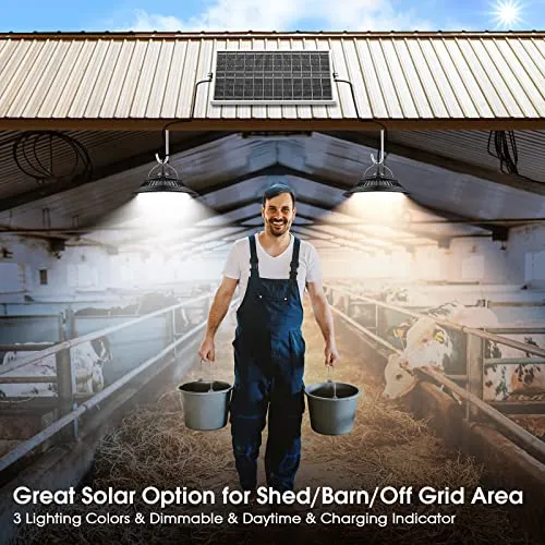SunBonar Solar Shed Lights Indoor 2 Pack, 3200K/4000K/6000K Dimmable Daytime Available Solar Pendant Lights Outdoor with ON Off Switch & Remote Solar Hanging Chandelier Lights for Home Barn Garage