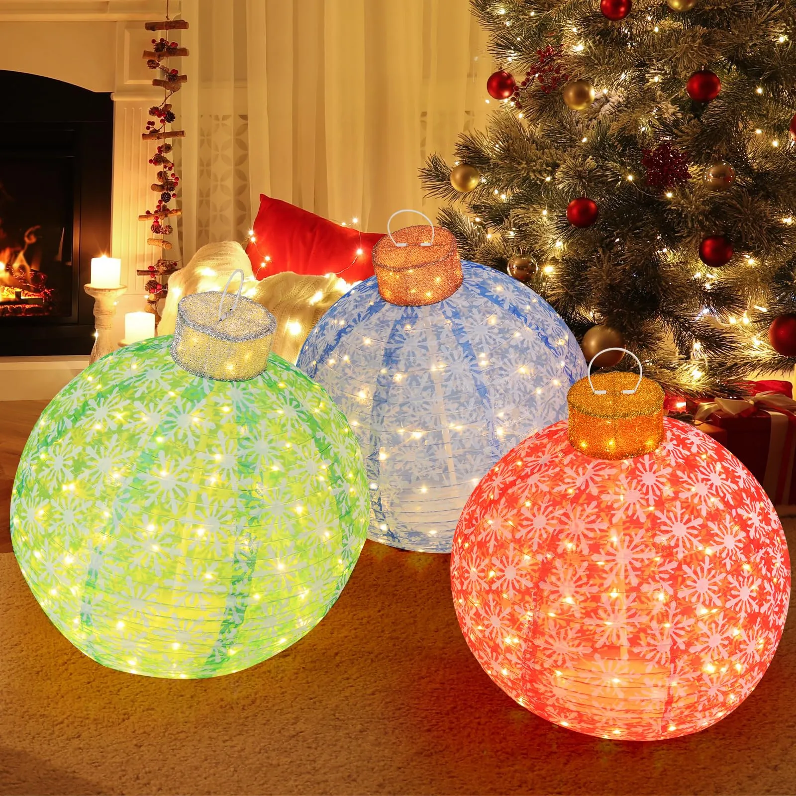 Tangkula Christmas Lighted Pop up Ornaments Set of 3, Outdoor Xmas Lighted Hanging Lanterns with Warm White LED Lights