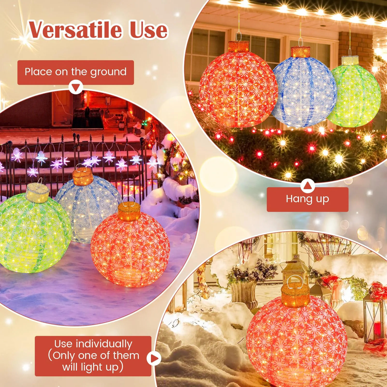 Tangkula Christmas Lighted Pop up Ornaments Set of 3, Outdoor Xmas Lighted Hanging Lanterns with Warm White LED Lights