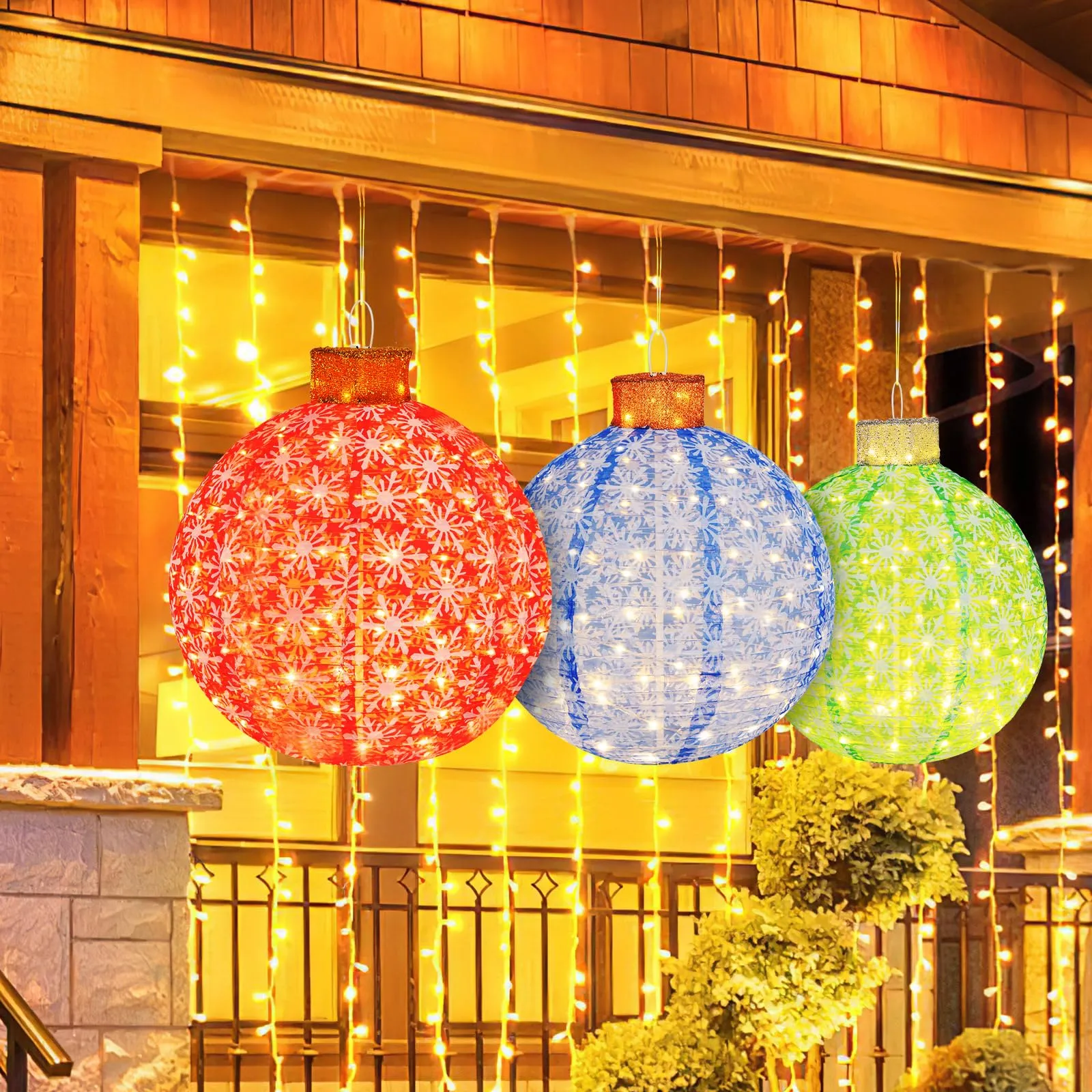 Tangkula Christmas Lighted Pop up Ornaments Set of 3, Outdoor Xmas Lighted Hanging Lanterns with Warm White LED Lights