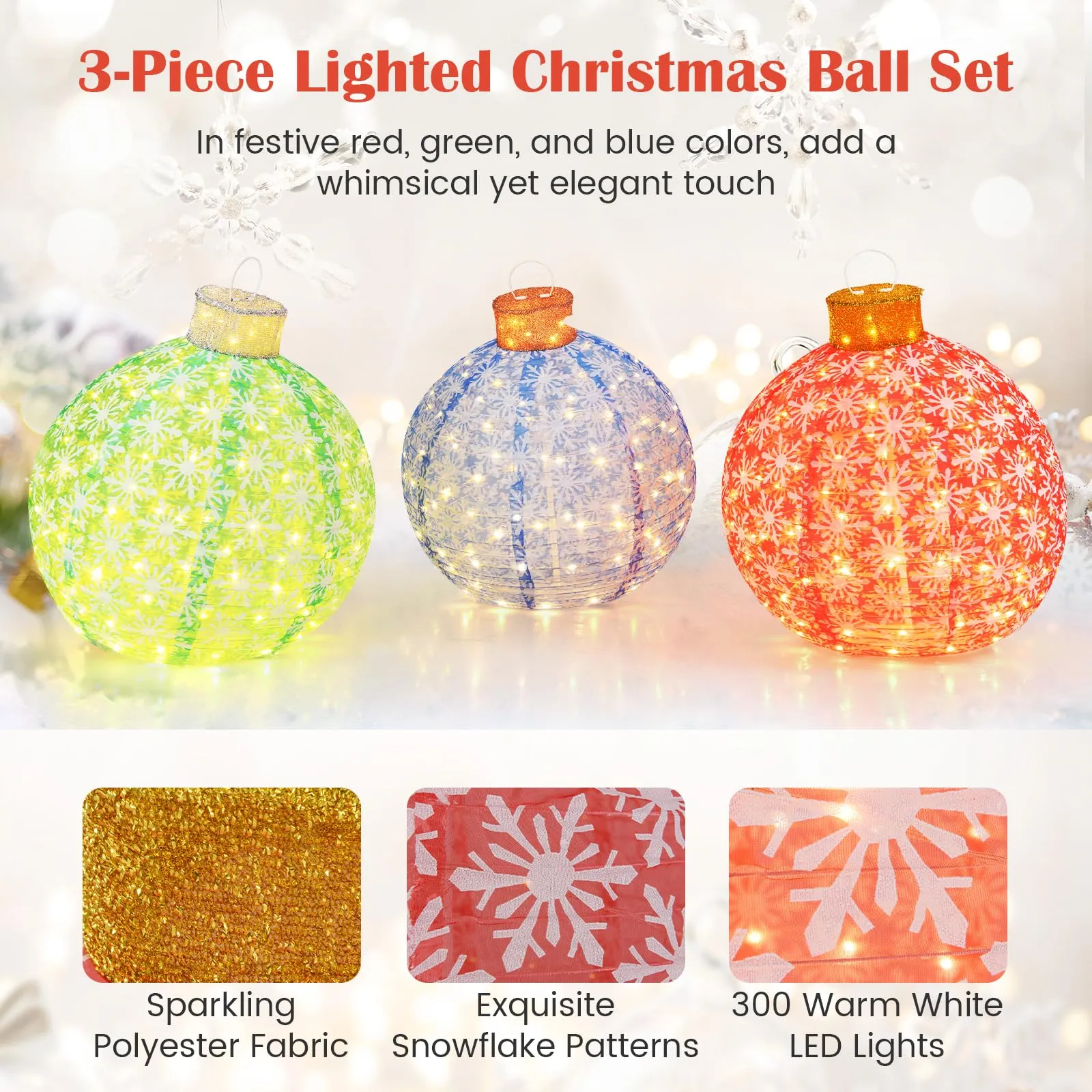 Tangkula Christmas Lighted Pop up Ornaments Set of 3, Outdoor Xmas Lighted Hanging Lanterns with Warm White LED Lights