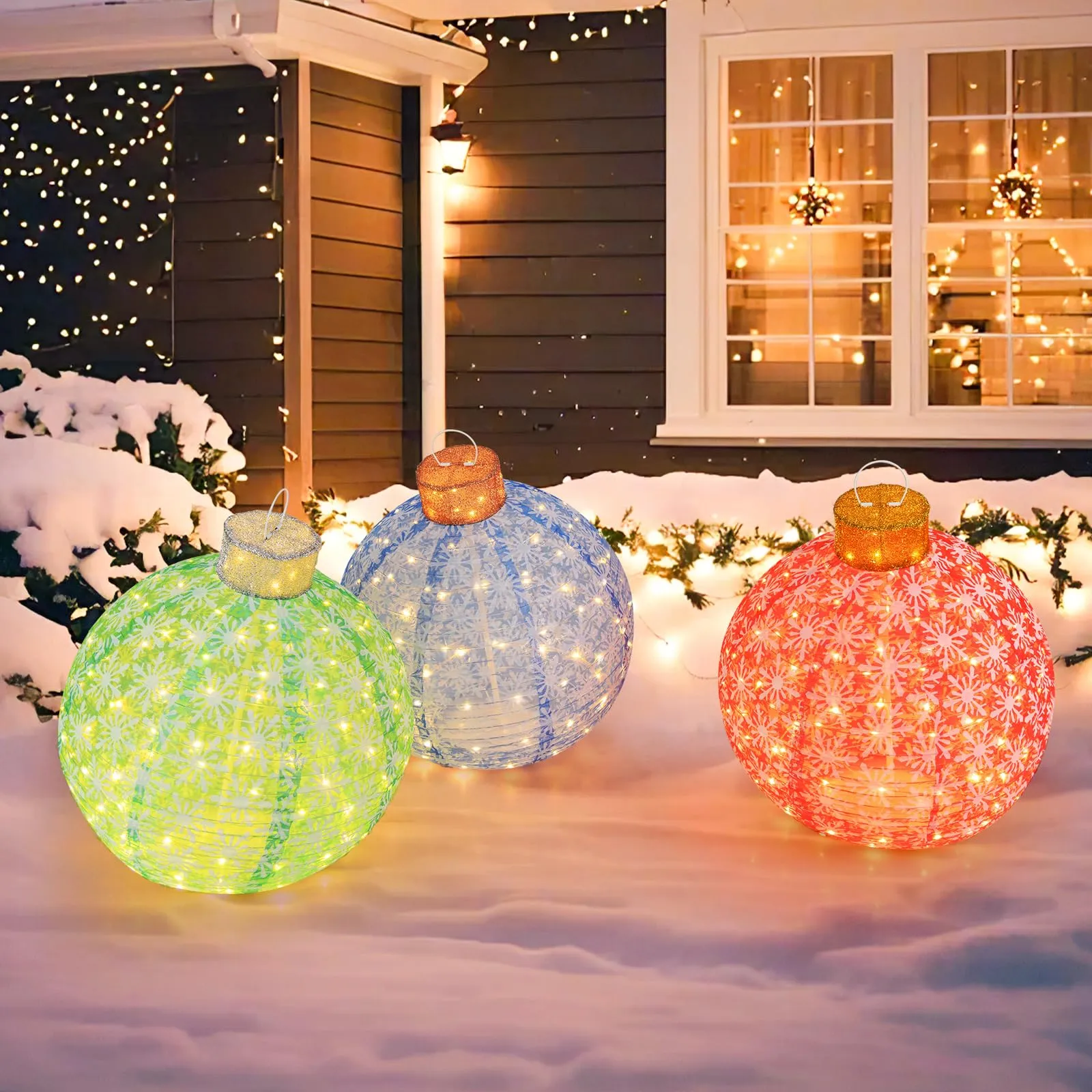 Tangkula Christmas Lighted Pop up Ornaments Set of 3, Outdoor Xmas Lighted Hanging Lanterns with Warm White LED Lights