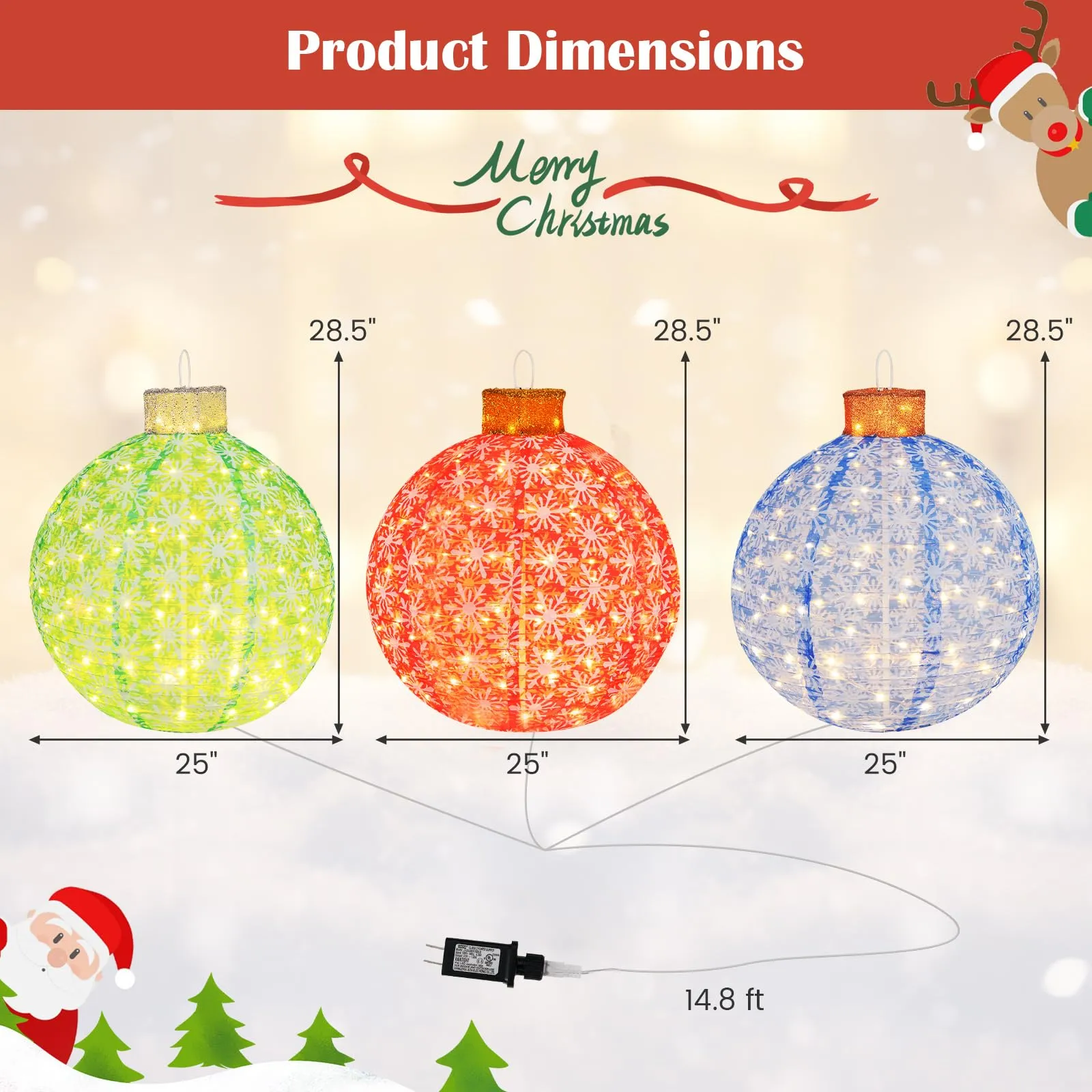 Tangkula Christmas Lighted Pop up Ornaments Set of 3, Outdoor Xmas Lighted Hanging Lanterns with Warm White LED Lights