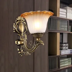 Vintage Floral Wall Sconce with Frosted Glass and Carved Brass Arm