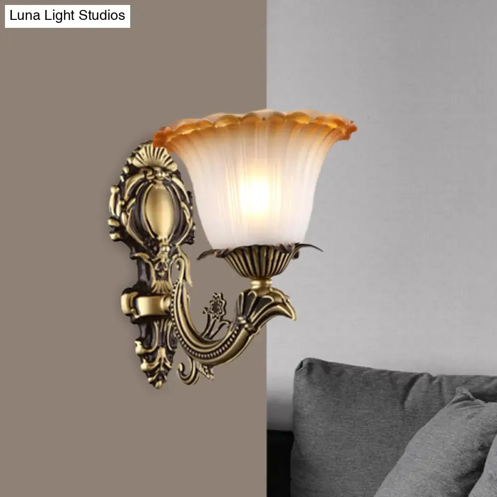 Vintage Floral Wall Sconce with Frosted Glass and Carved Brass Arm