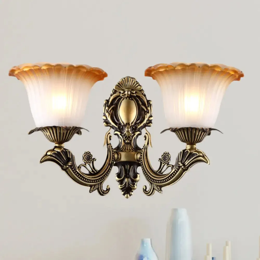 Vintage Floral Wall Sconce with Frosted Glass and Carved Brass Arm