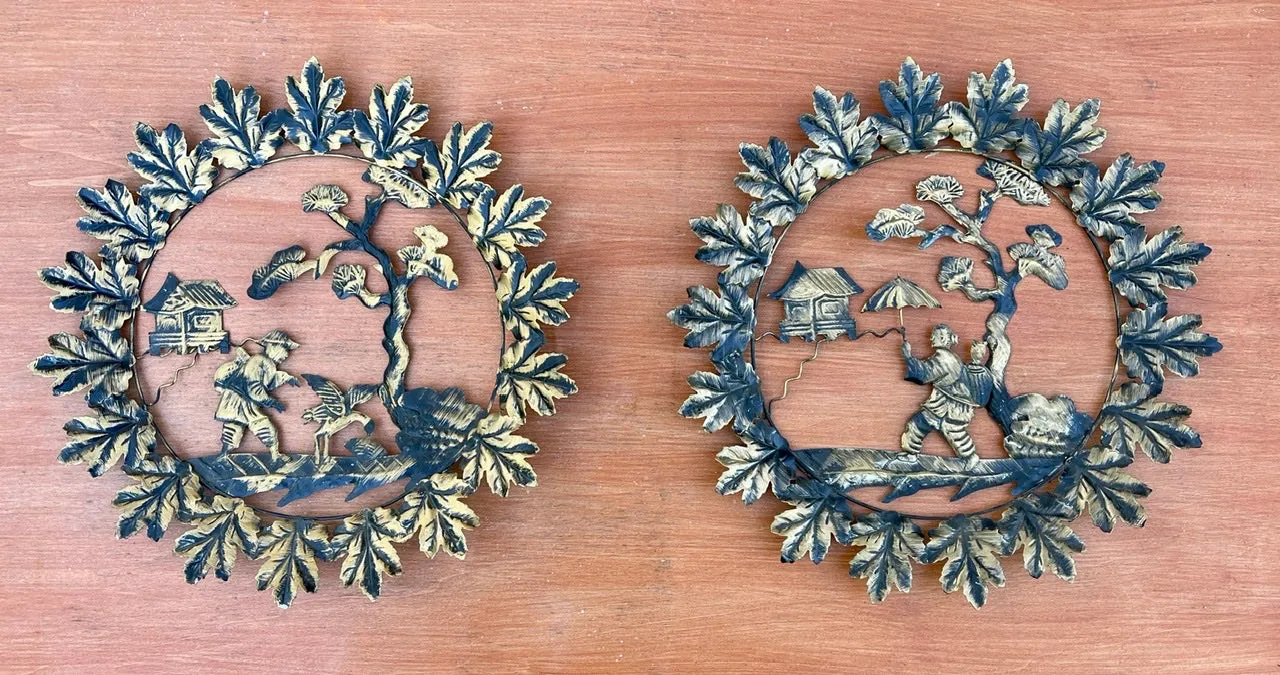 Vintage Pair of L & R facing Wall Plaques Filigree Chinoiserie Willow Antiqued Gold Metal