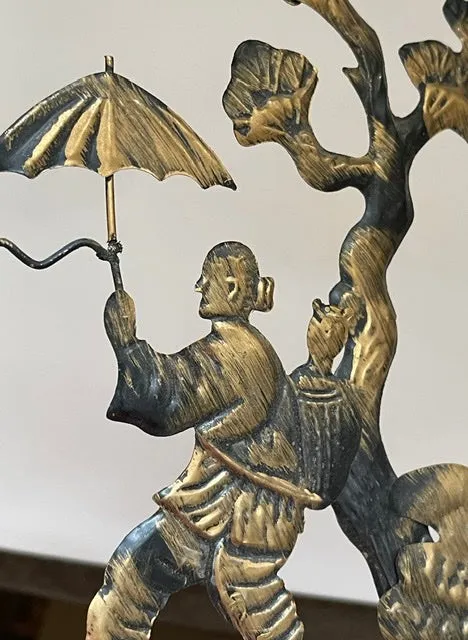 Vintage Pair of L & R facing Wall Plaques Filigree Chinoiserie Willow Antiqued Gold Metal