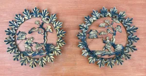 Vintage Pair of L & R facing Wall Plaques Filigree Chinoiserie Willow Antiqued Gold Metal