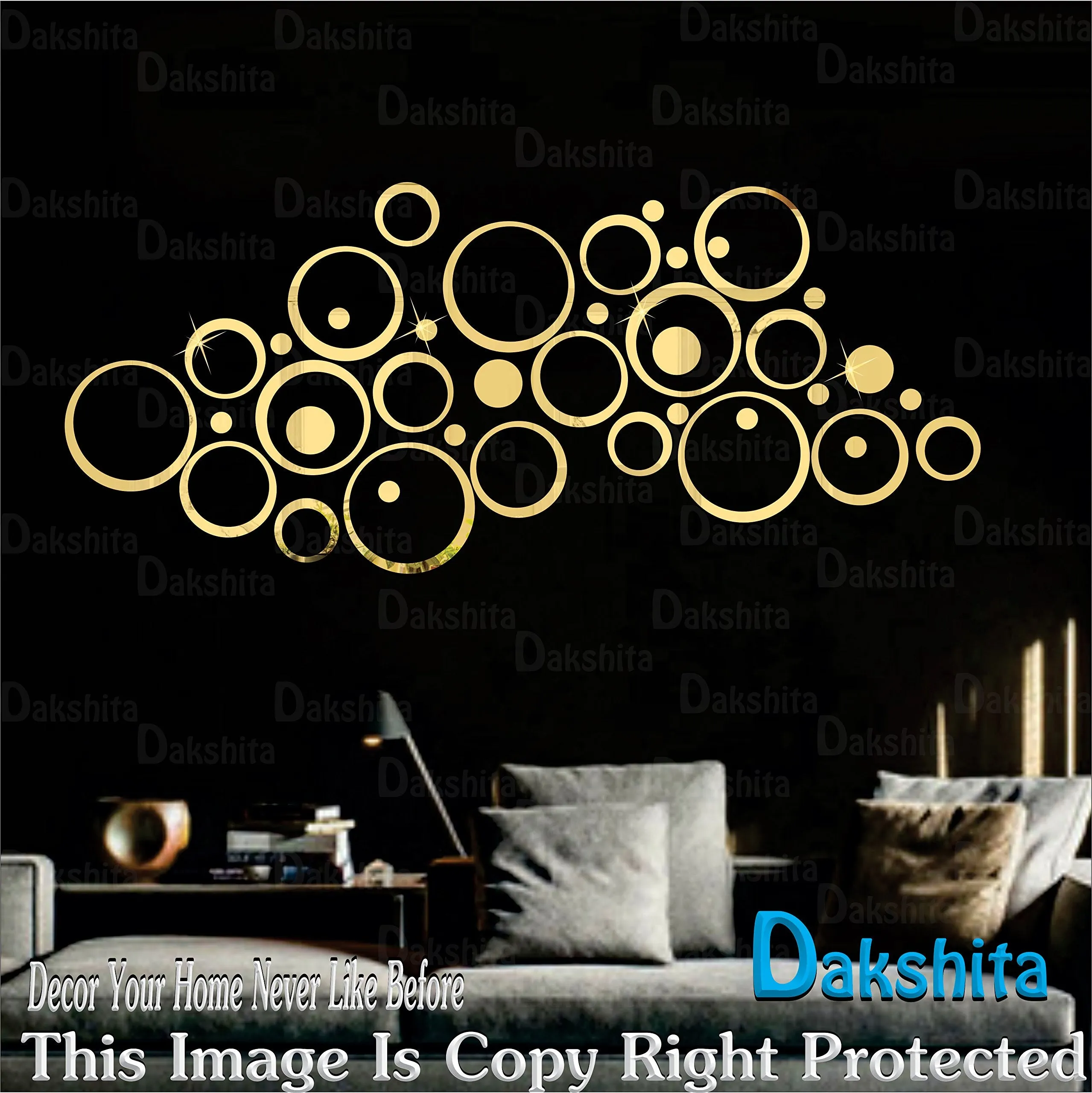 Wall1ders Acrylic 40 Rings Mirror Wall Stickers (Golden) Mirror Stickers for Wall.