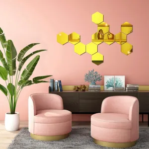 WallDaddy Mirror Stickers for Wall | Pack of (12 Gold Hexagun - 3D Acrylic Decorative Mirror Wall Stickers , Mirror for Wall | Home | Almira | Bedroom | Livingroom | Kitchen | Hall | KidsRoom Etc.