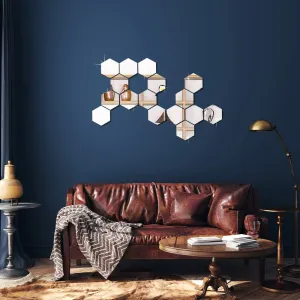 WallDaddy Mirror Stickers for Wall | Pack of (16 Silver Hexagun - 3D Acrylic Decorative Mirror Wall Stickers , Mirror for Wall | Home | Almira | Bedroom | Livingroom | Kitchen | Hall | KidsRoom Etc.