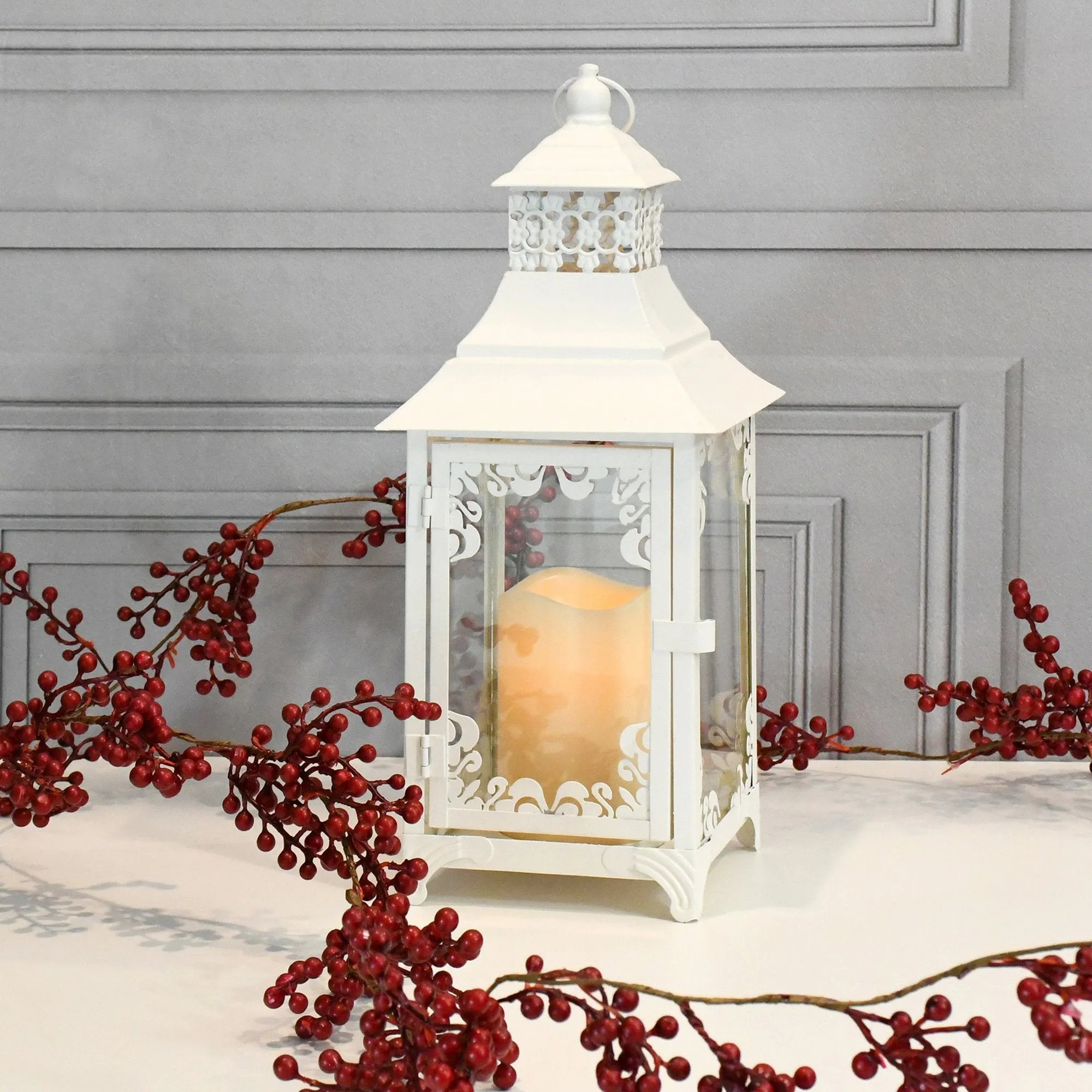 Warm White Swirl Metal Lantern with LED Candle