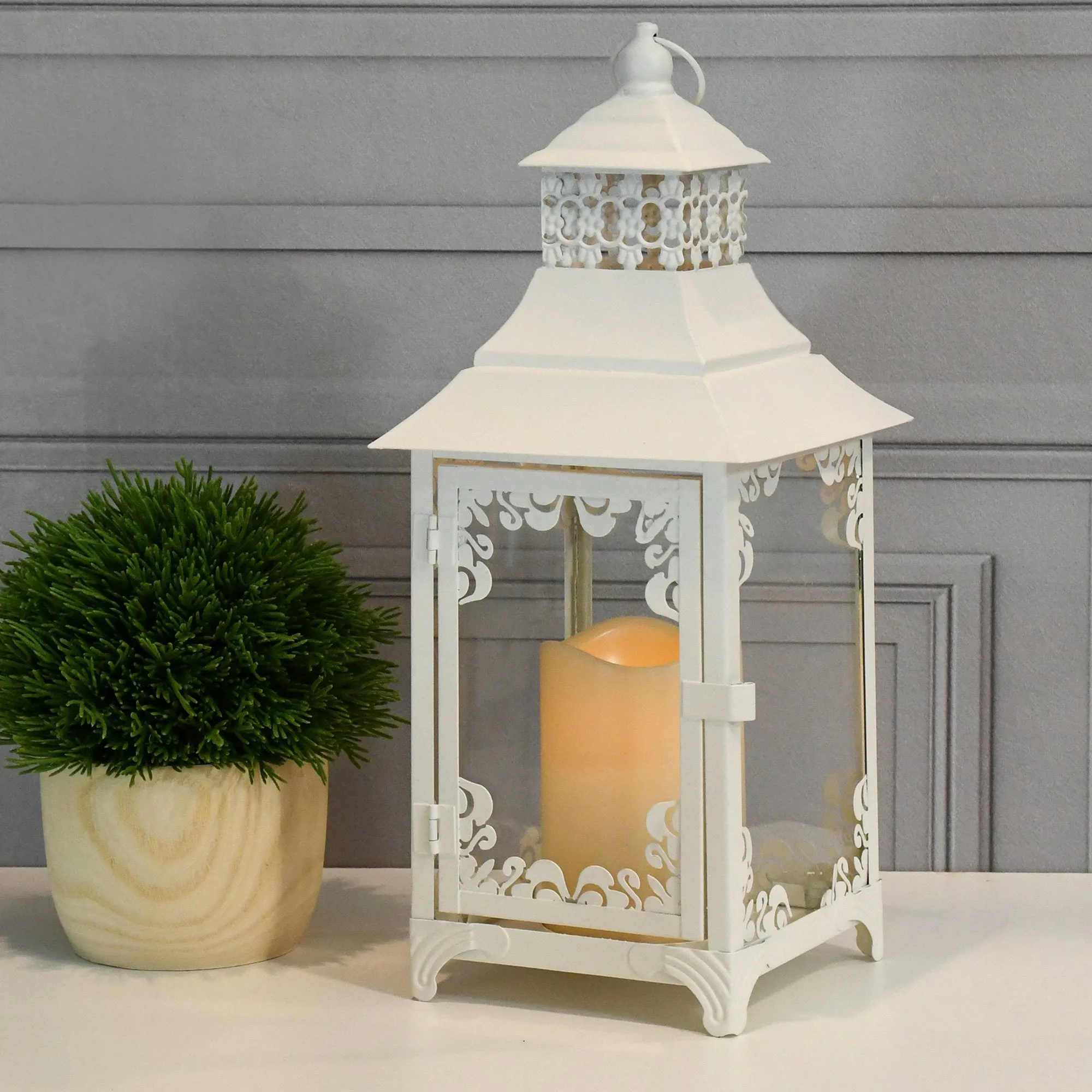 Warm White Swirl Metal Lantern with LED Candle