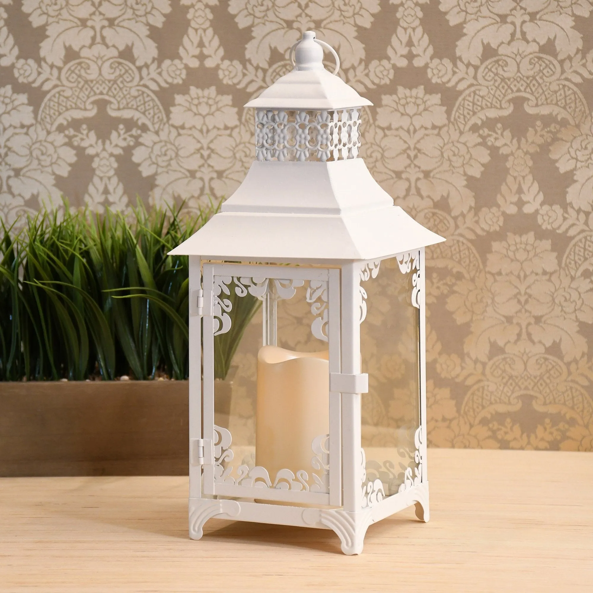 Warm White Swirl Metal Lantern with LED Candle