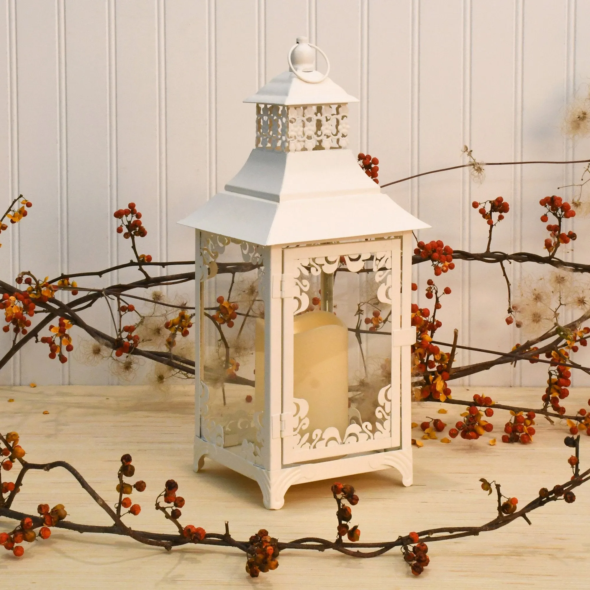 Warm White Swirl Metal Lantern with LED Candle