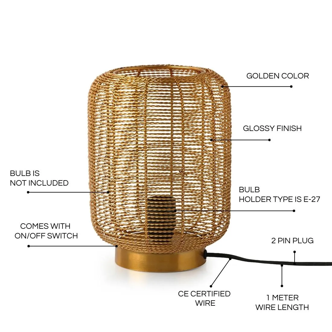 'Weaved Barrel' Handcrafted Table Lamp In Iron (9.6 Inch, Golden)