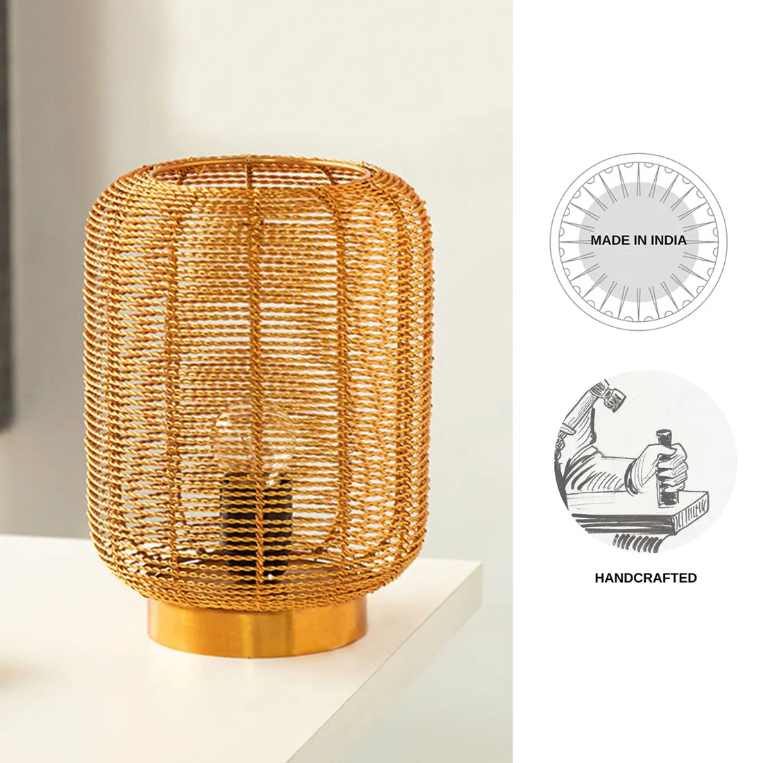 'Weaved Barrel' Handcrafted Table Lamp In Iron (9.6 Inch, Golden)