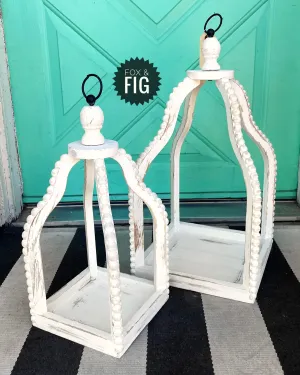 White Beaded Open Wood Lantern