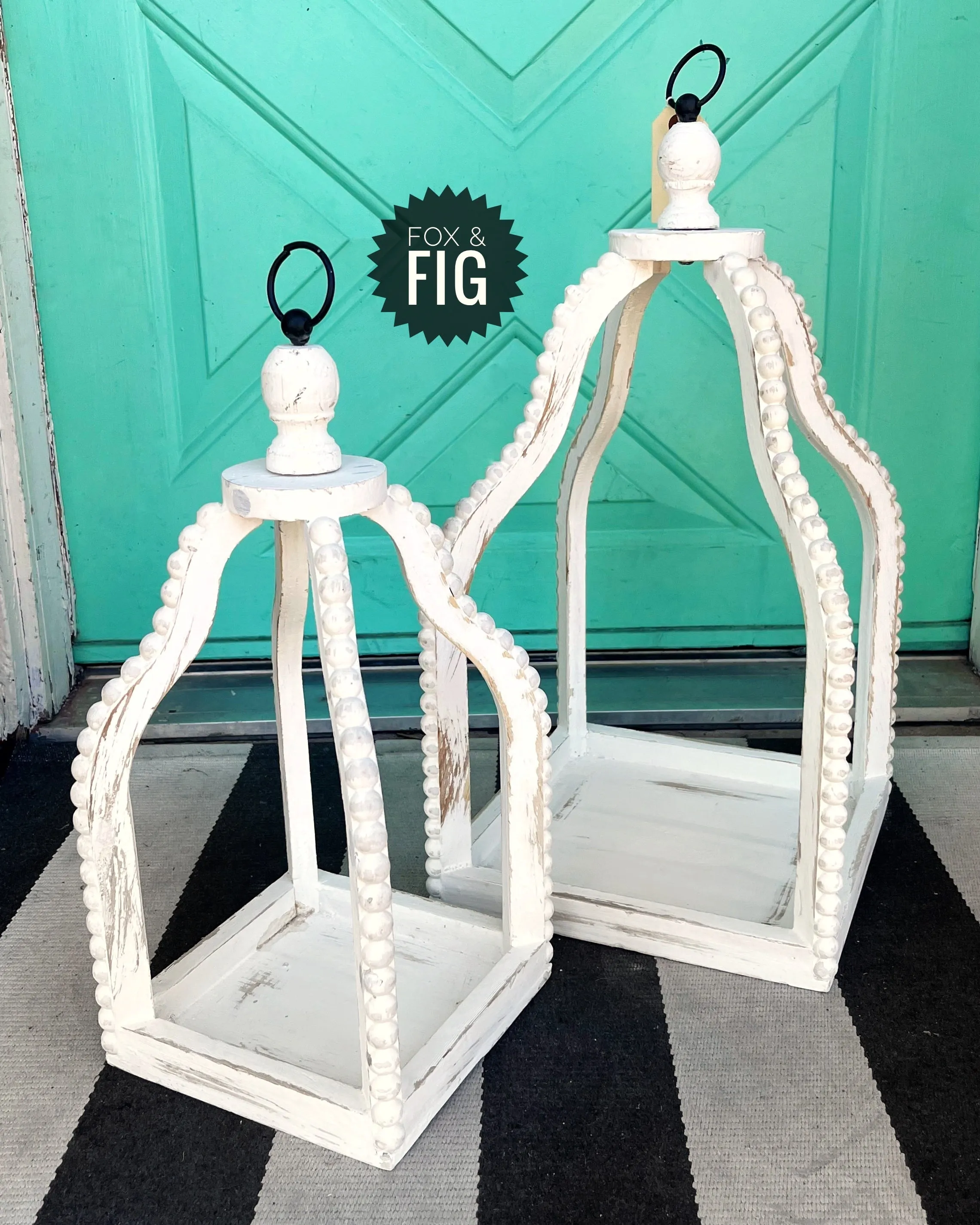 White Beaded Open Wood Lantern