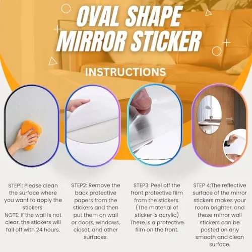 wolkwogg Oval Shape Adhesive Mirror Sticker for Wall on Tiles Bathroom Bedroom Living Room Basin Mirror Bathroom Wall Mirror Stickers Unbreakable Plastic Wall Mirror 20 * 30 (3)